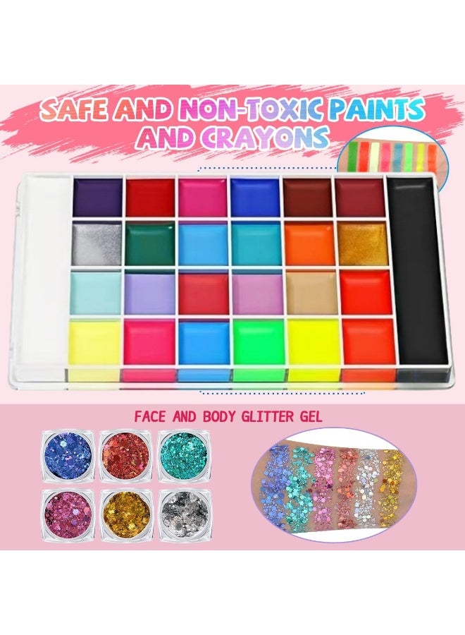 SKT Shiketro 26-colors Body Painting Kit Is a Professional Face Painting Tool Suitable For Children and Adults Role-playing The kit Includes Red Black And White Special Effects Paints 10 Paintbrushes 12 Painting Templates 2 Gem Sticker Sheet  1 Multi-purpose Striped Paint Sticks  1 Six-color Glitter Palette and 1 Color Palette It's Perfect For Dramatic Face Painting at Various Festive Celebrations Including Halloween - Image 4